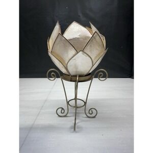 Capiz Shell Lotus Votive Candle Holder Gold Metal Stand 7" Boho Decor